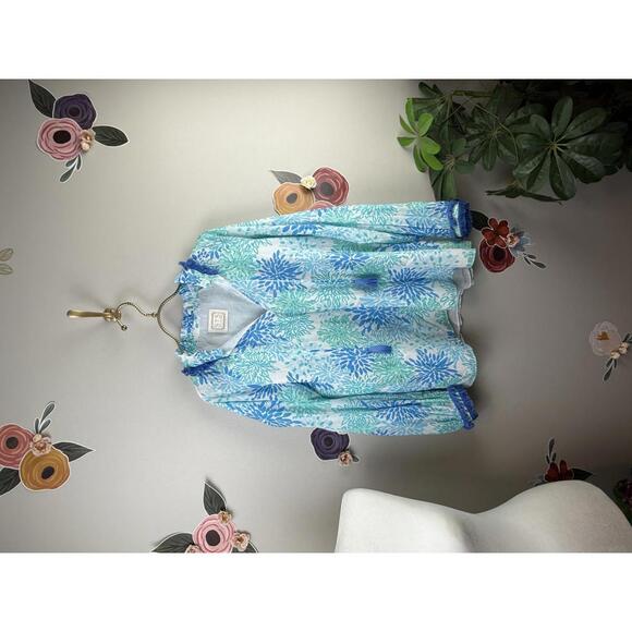 Sail to Sable Tops - Sail to Sable Blue Costal Ruffle Neck Top with Tassels - Size - M/L